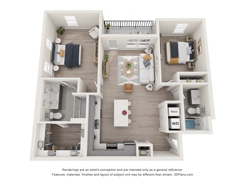 Floor plan for 2 beds, 2 baths, 1137 sqft